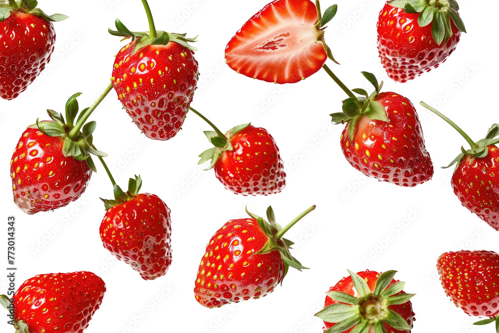 Falling fresh strawberries in motion, png isolated on transparent background, clipart, cutout. Falling fresh strawberries in motion, png isolated on transparent background, clipart, cutout.