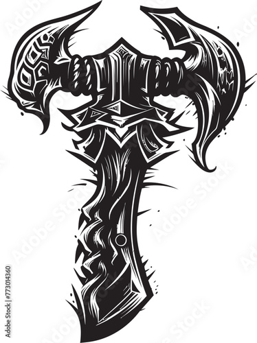 Fototapeta Naklejka Na Ścianę i Meble -  Druids Decimation Fantasy Axe Logo Design Banshees Bane Axe Symbolic Emblem