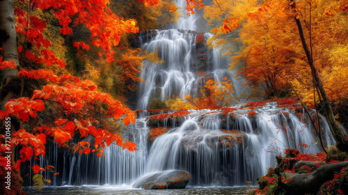 Captivating Autumn Beauty, Majestic Waterfall Cascading Through Vibrant Fall Foliage in the Forest