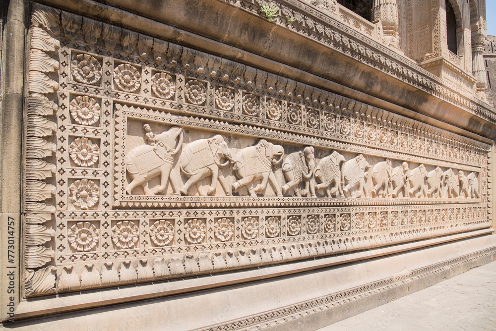 Fototapeta premium Beautiful stone carving of an elephant at Vithoji Holkar Samadhi, Maheshwar temple situated on the banks of Narmada river, Madhya Pradesh, India.