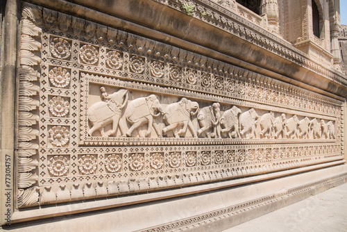 Beautiful stone carving of an elephant at Vithoji Holkar Samadhi, Maheshwar temple situated on the banks of Narmada river, Madhya Pradesh, India. photo
