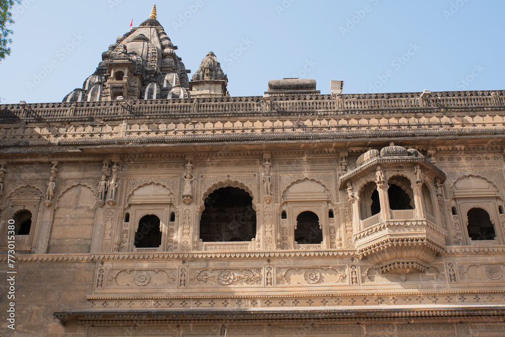 Exterior view of Maheshwar temple situated on the banks of the River Narmada, Madhya Pradesh, India.