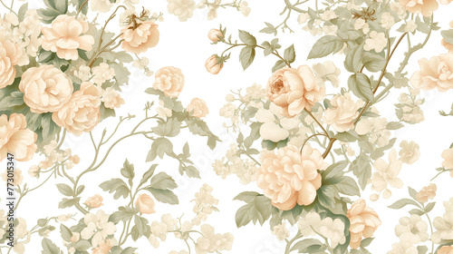 Vintage rose floral pattern wallpaper, in a pastel peach and cream color palette on a white background, soft and dreamy watercolor pattern