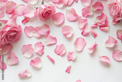 Delicate Pink Rose Petals Scattered on White Background, Romantic Floral Pattern - Still Life Photo