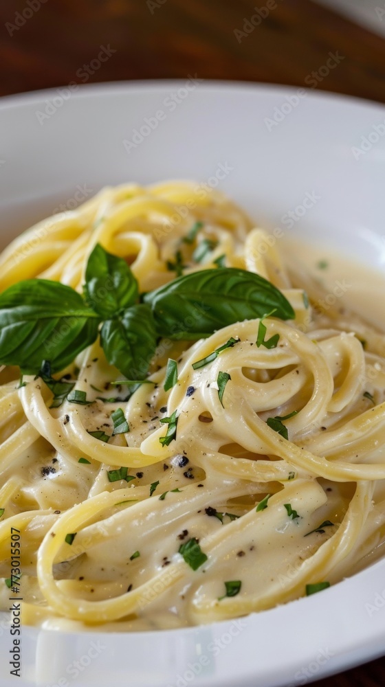 Plate of creamy pasta with basil Plate of creamy pasta with basil