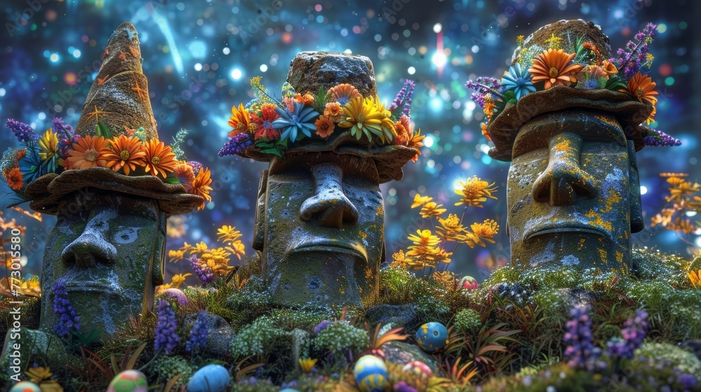 Fantasy illustration of stone heads with colorful hats and flowers