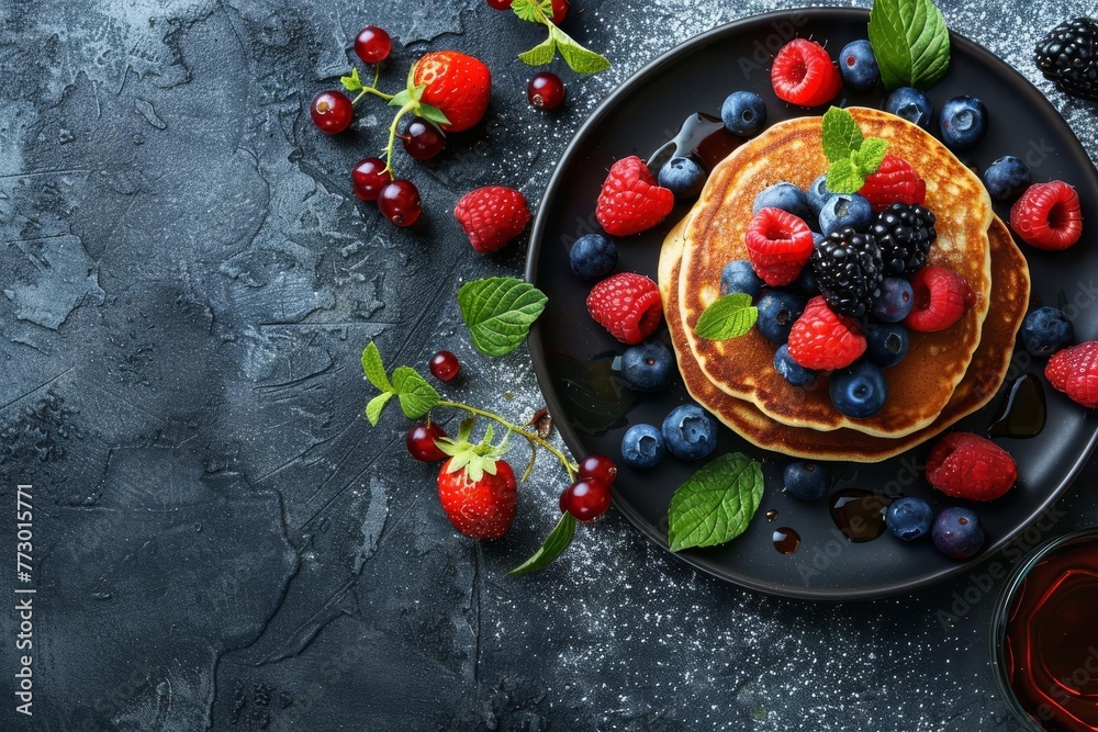 Delicious Pancakes with Fresh Berries and Maple Syrup, Breakfast Treat