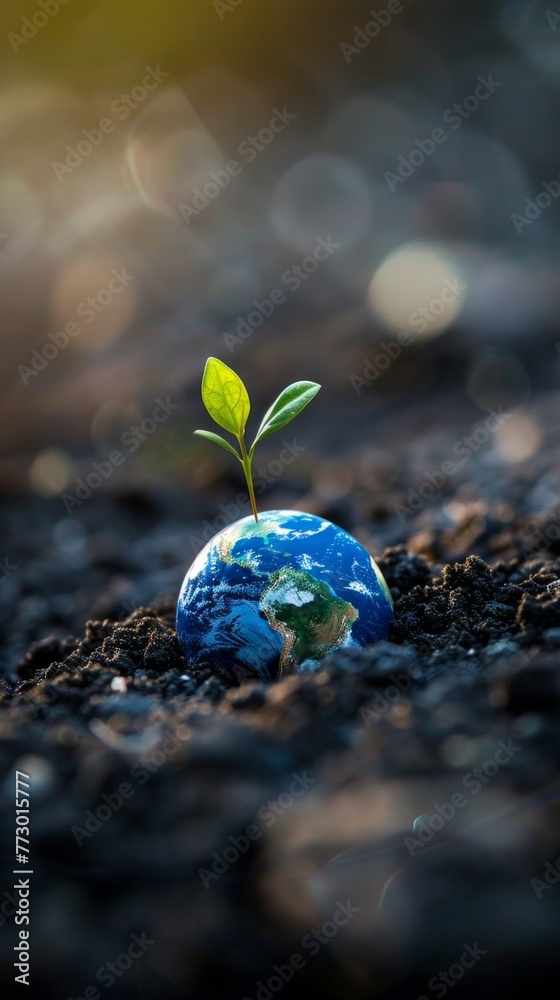 Young plant growing on a globe in soil against a blurry background Young plant growing on a globe in soil against a blurry background