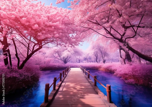 a wooden bridge over water with pink trees