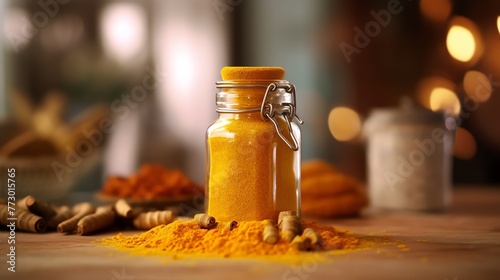 a glass jar with yellow powder on top