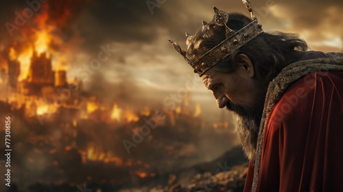 Portrait of King against background of burning castle on cliff. City on fire, medieval castle captured and burned by enemies. Battle for Kingdom