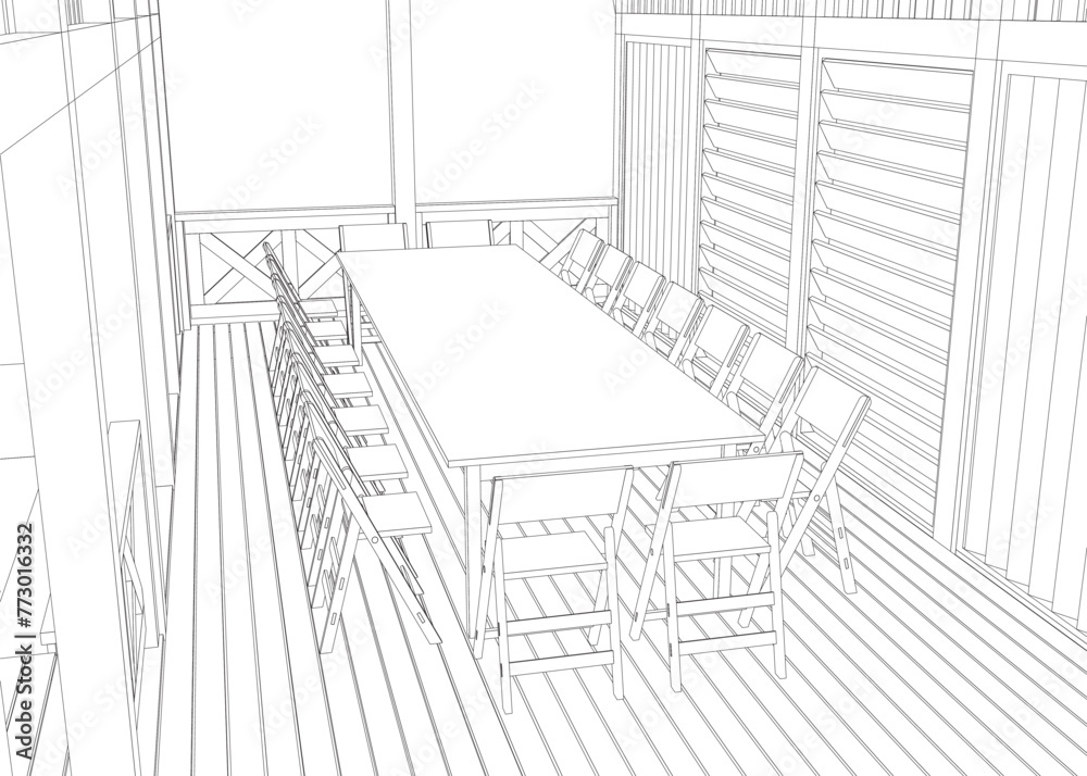 Gazebo outline. Black contour linear silhouette. Isometric view. Contour of a summerhouse with benches, a table and a roof. Vector illustration. 3D.