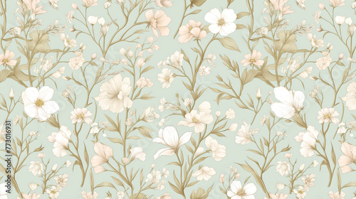Vintage floral pattern, pastel green background, soft colors, white flowers and beige leaves, watercolor style, seamless wallpaper design