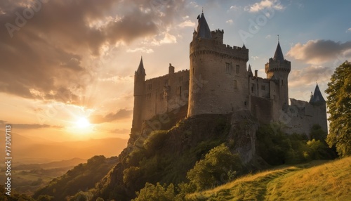 A fairytale-like castle sitting atop a hill, silhouetted against a dramatic sunset sky, embodying a sense of history and romance.