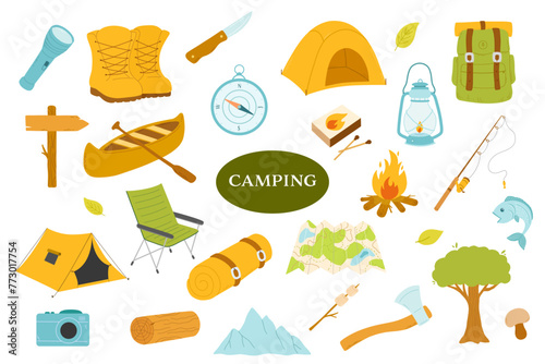 Camping colorful vector illustrations set isolated on white. Tent, fishing rod and canoe, campfire and map for hiking