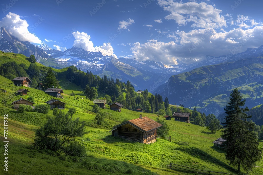 A picturesque mountain village with a touch of modernity Generative AI
