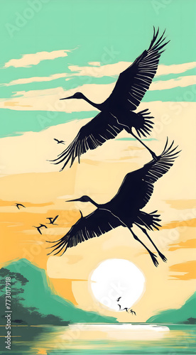 Sunset by the Sea with Birds Flying © MakeitEasy