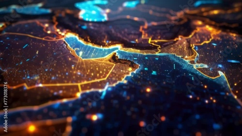 A dynamic map of the Middle East glowing brightly, showcasing the regions geography and borders. photo