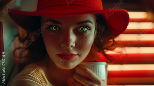 Zbliżenie na twarz kobiety o lśniących oczach, noszącej czerwony kapelusz