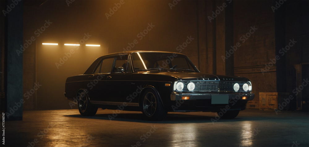 Fototapeta premium A luxury Black Car stand on a dark background with spotlight generative AI