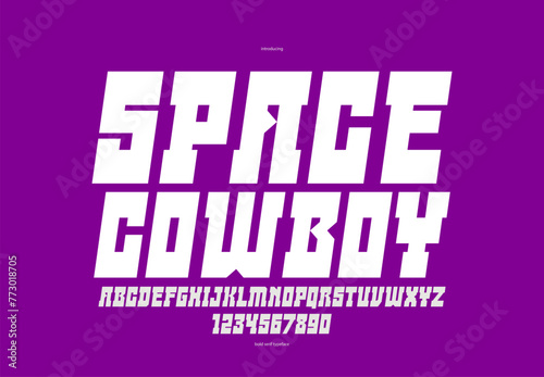 Wild west space future style bold display font for logos and emblems, vector futuristic geometric modern typeface for posters and headers, italic western and technology styles mixed.