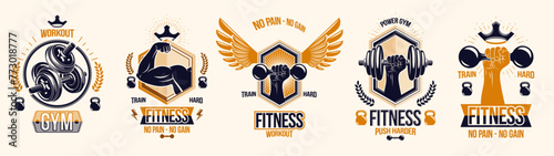 Gym fitness sport emblems and logos vector set isolated with barbells dumbbells kettlebells and muscle body man silhouettes and hands, athletics workout sport club, active lifestyle.