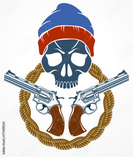 Anarchy and Chaos aggressive emblem or logo with wicked skull, vector vintage scull tattoo, rebel gangster criminal and revolutionary.