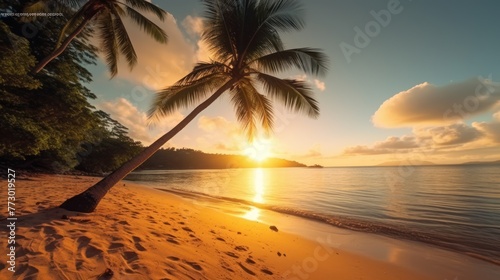 Island palm tree sea sand beach. Panoramic beach landscape. Inspire tropical beach seascape horizon. Orange and golden sunset sky