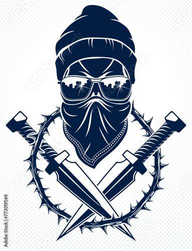 Revolution and Riot wicked emblem or logo with aggressive skull, vector tattoo, anarchy and chaos, rebel partisan and revolutionary.