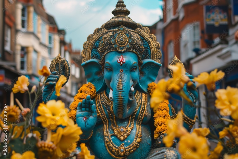 Ganesha blue decorated with yellow flowers