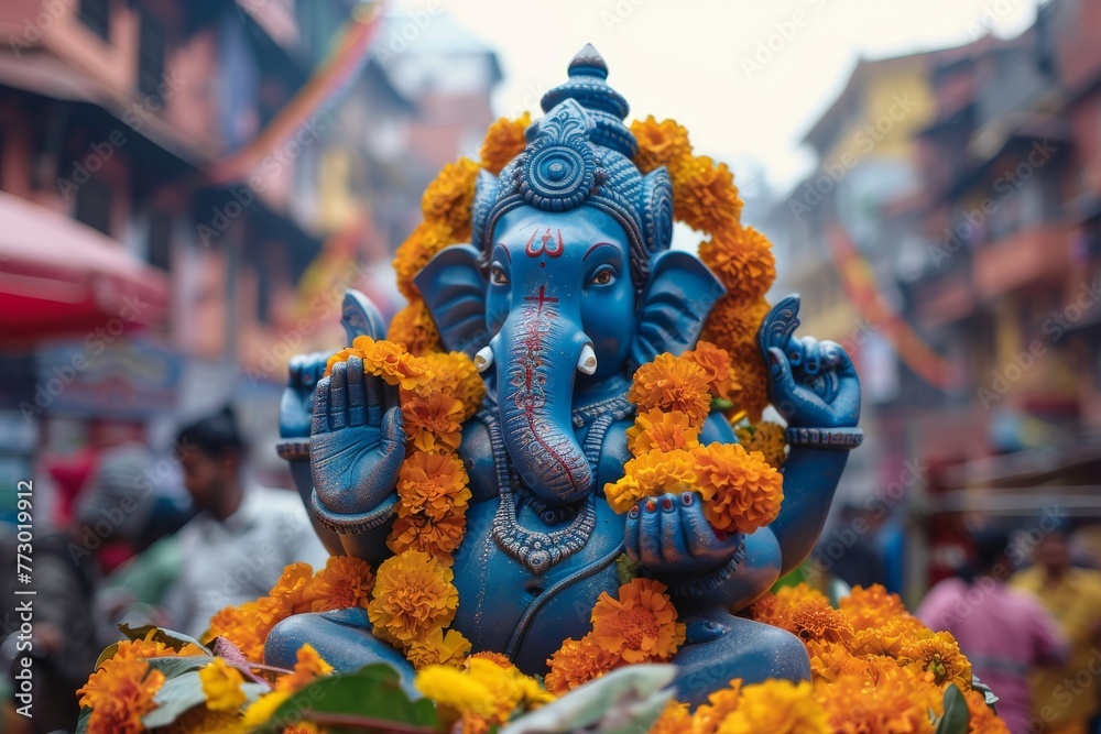 Ganesha blue decorated with yellow flowers