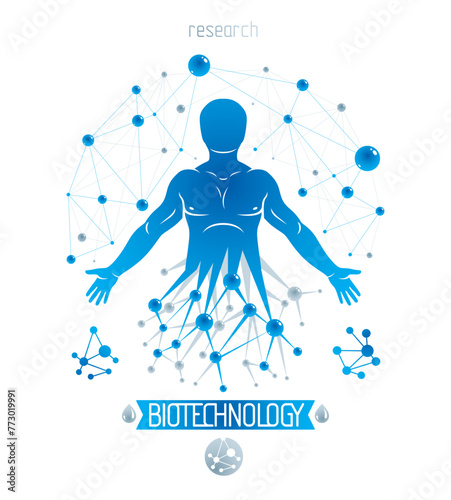 Athletic man vector illustration made using futuristic molecular connections. Human as the object of biochemistry research, genetic engineering.