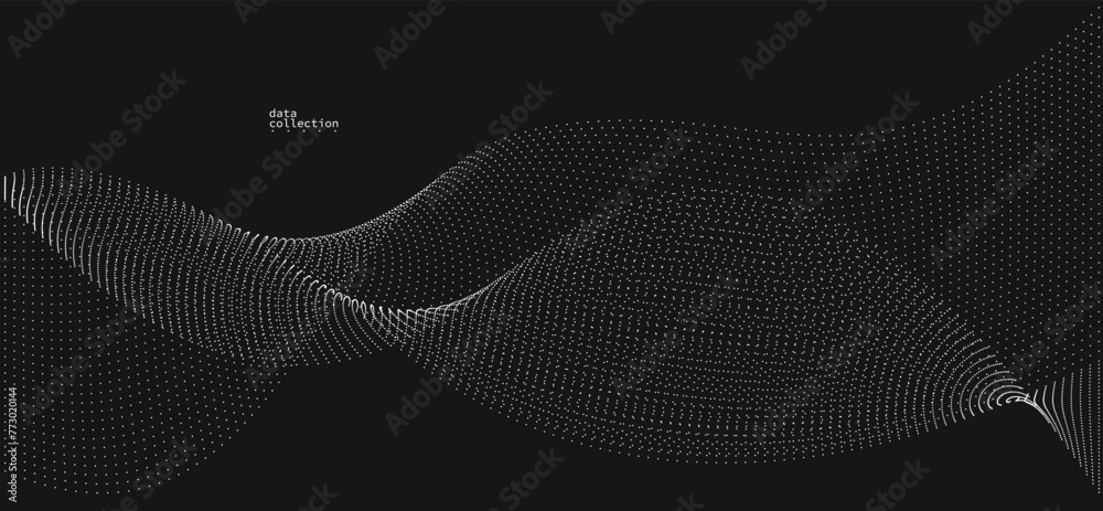 Grey dots in motion vector abstract background over black, particles array wavy flow, curve lines of points in movement, technology and science illustration. - obrazy, fototapety, plakaty 