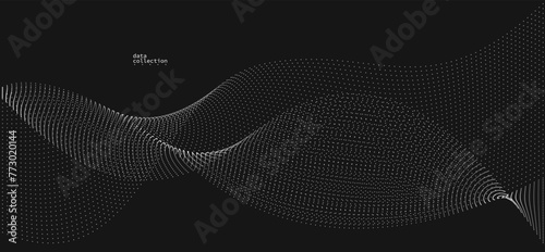 Grey dots in motion vector abstract background over black, particles array wavy flow, curve lines of points in movement, technology and science illustration.