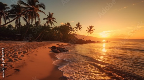 Island palm tree sea sand beach. Panoramic beach landscape. Inspire tropical beach seascape horizon. Orange and golden sunset sky