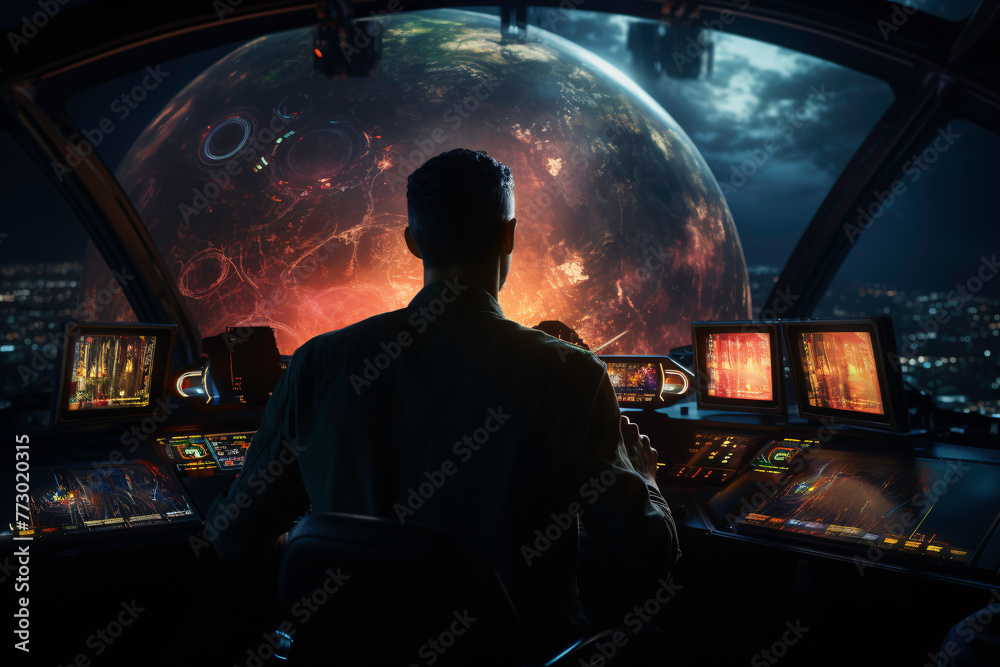 a man in a control room with a large planet in the background