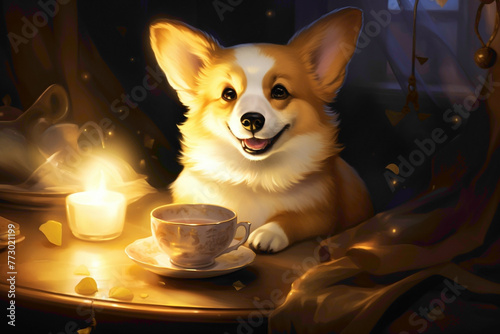 A joyful Corgi  surrounded by a radiant yellow glow  savoring tea with an endearing expression  bringing warmth and cuteness to the scene.
