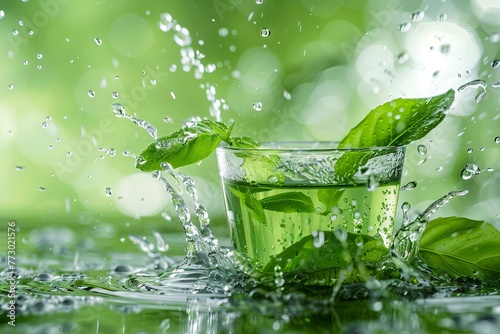 Green Tea Splash with Herbal Leaves, Natural and Healthy Beverage