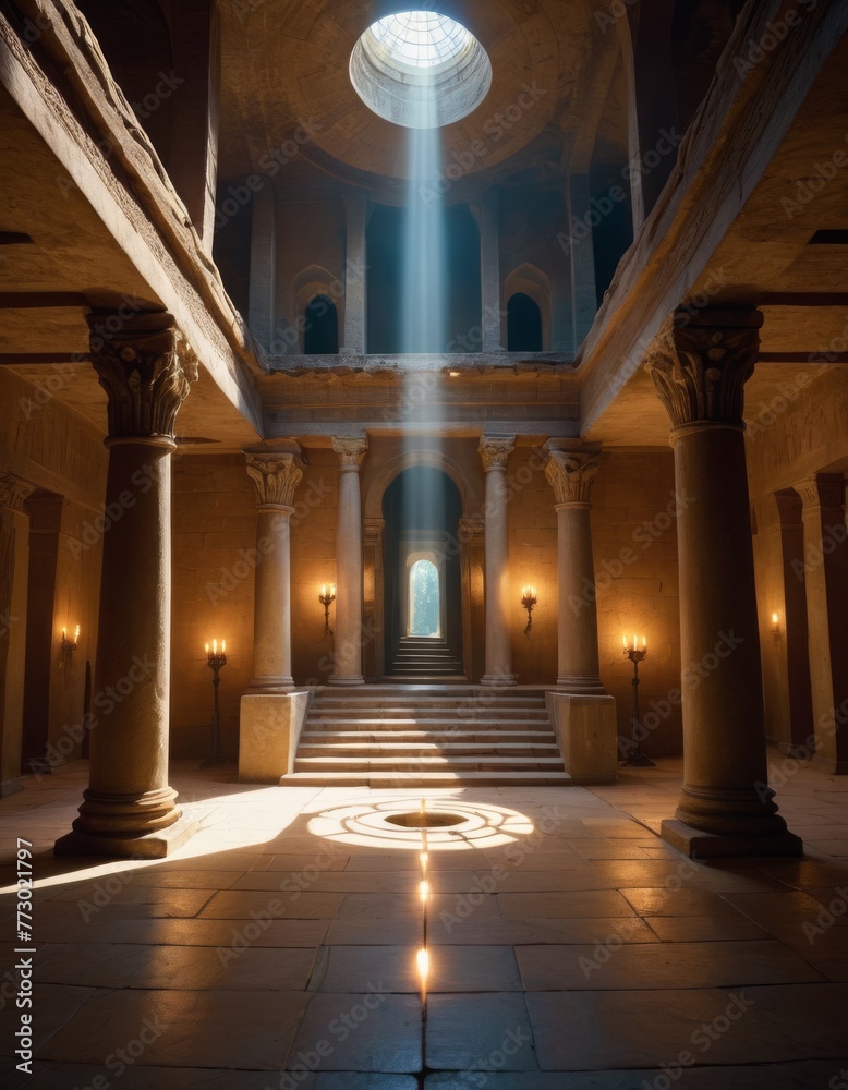 A majestic temple corridor bathed in a serene beam of light, highlighting the architectural grandeur and timeless allure