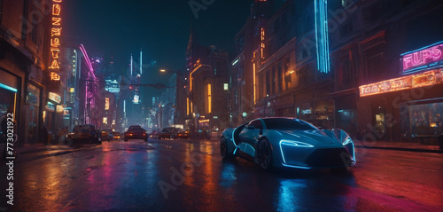Futuristic sports car with neon glowing shiny luxury cyberpunk city background generative AI 