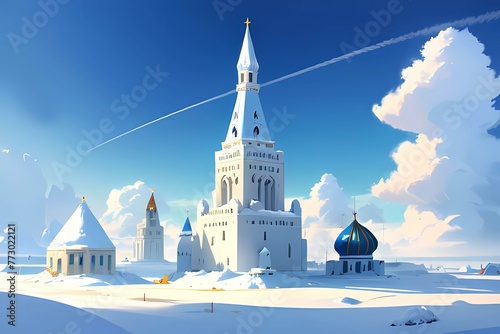 青空RPGゲーム背景雪と氷の国ロシア風ドームのある宮殿