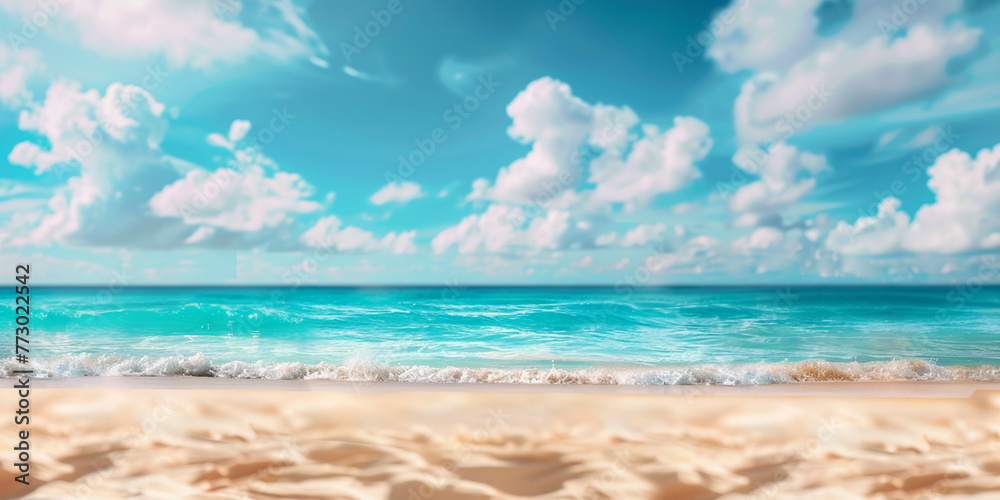 高いヤシの木と海辺の素敵な景色。白い砂浜。明るい熱帯の夏の日差しと薄い雲のある青空。ワイド画面形式-生成AI - obrazy, fototapety, plakaty 