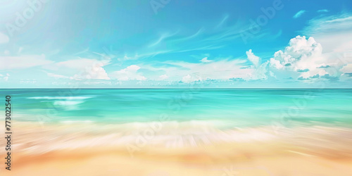 高いヤシの木と海辺の素敵な景色。白い砂浜。明るい熱帯の夏の日差しと薄い雲のある青空。ワイド画面形式-生成AI © Coo
