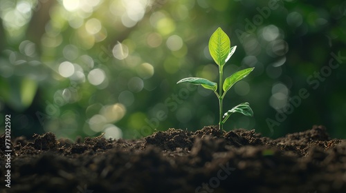 Earth Day - Young Sprout Plant Tree in Nature Forest Background. Eco Environment Scene of Sustainability Agriculture Care with Copy Space 