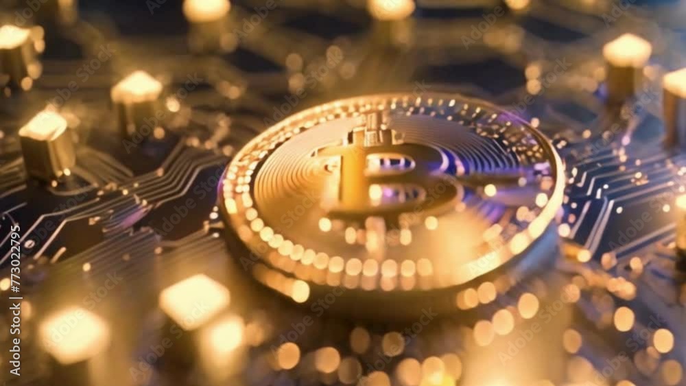 a digital illustration of bitcoin cryptocurrency coin with glowing lights