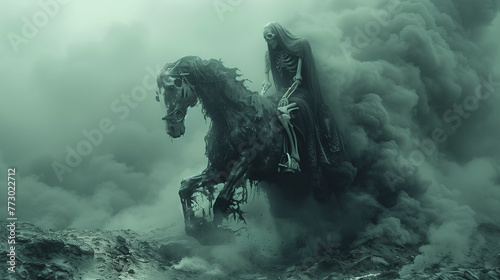 Death riding a horse in a dark mist