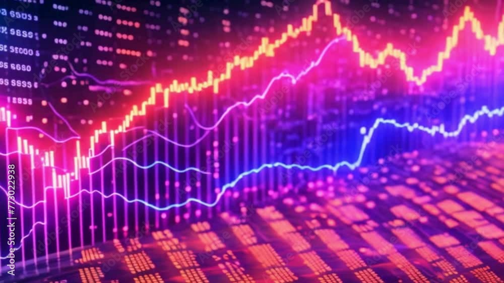 a dynamic 3D visualization of fluctuating stock prices against a futuristic neon-lit digital backdrop of numbers and lines