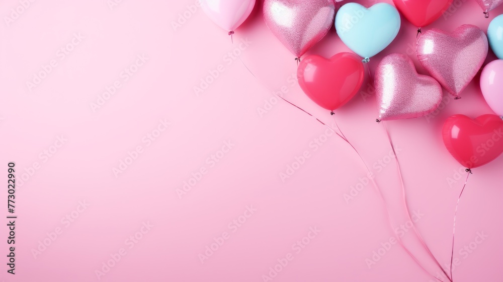 A pink background with a bunch of heart balloons