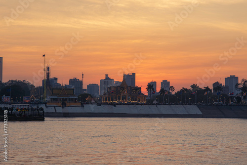 Sunset on Tonle Sap River, Mekong River in Phnom Penh City, Cambodia © hoang