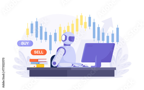 Artificial intelligence, robot trader. Trading bot analyze cryptocurrency market data, financial exchange, earning profit. AI for automation trading on stock market